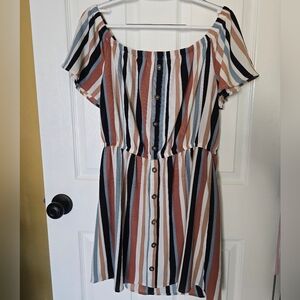 Justify Striped Off-Shoulder Midi Dress in White, Black, Tan, Rust